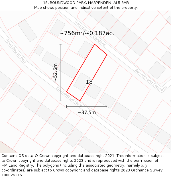 18, ROUNDWOOD PARK, HARPENDEN, AL5 3AB: Plot and title map