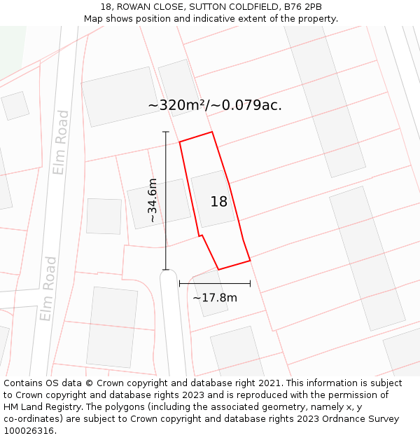 18, ROWAN CLOSE, SUTTON COLDFIELD, B76 2PB: Plot and title map