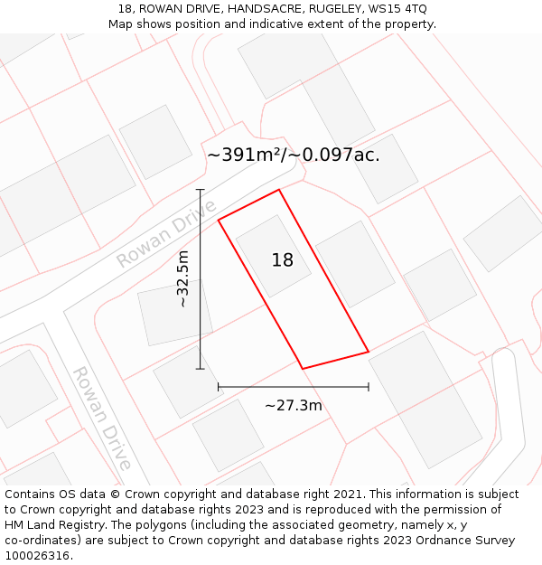 18, ROWAN DRIVE, HANDSACRE, RUGELEY, WS15 4TQ: Plot and title map