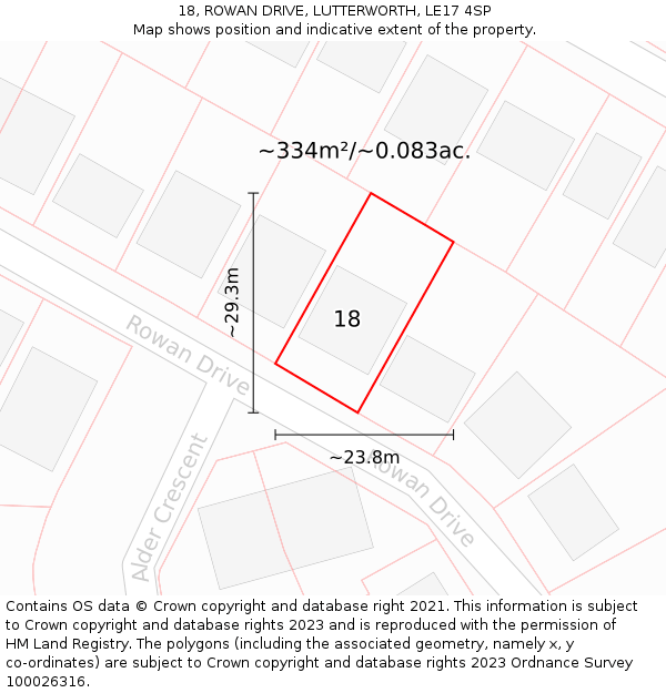 18, ROWAN DRIVE, LUTTERWORTH, LE17 4SP: Plot and title map