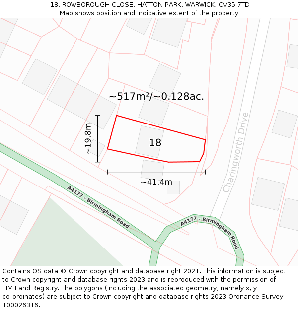 18, ROWBOROUGH CLOSE, HATTON PARK, WARWICK, CV35 7TD: Plot and title map