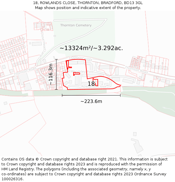 18, ROWLANDS CLOSE, THORNTON, BRADFORD, BD13 3GL: Plot and title map