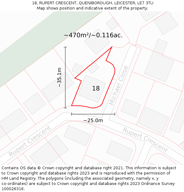 18, RUPERT CRESCENT, QUENIBOROUGH, LEICESTER, LE7 3TU: Plot and title map