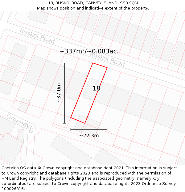 18, RUSKOI ROAD, CANVEY ISLAND, SS8 9QN: Plot and title map
