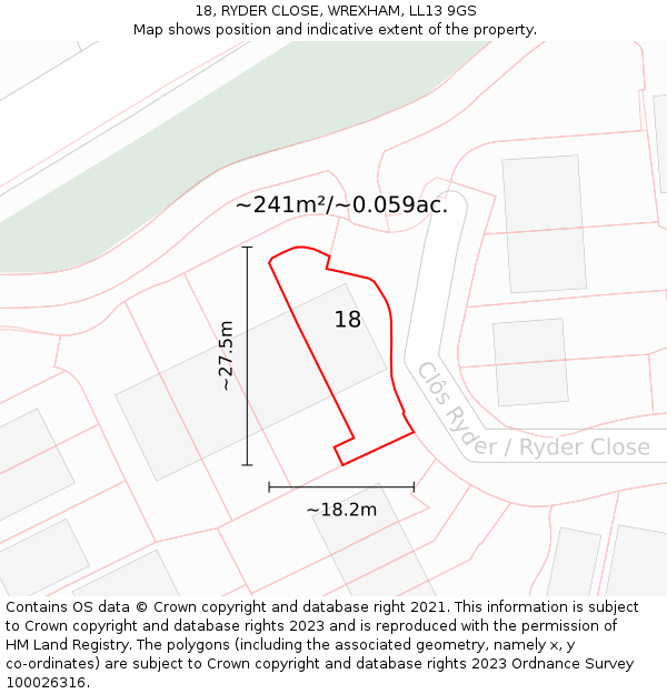18, RYDER CLOSE, WREXHAM, LL13 9GS: Plot and title map