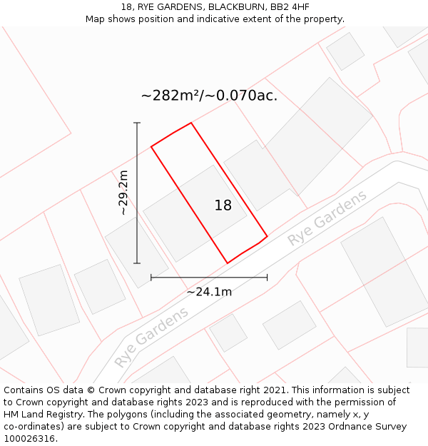 18, RYE GARDENS, BLACKBURN, BB2 4HF: Plot and title map