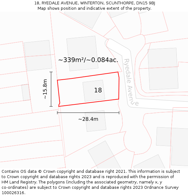 18, RYEDALE AVENUE, WINTERTON, SCUNTHORPE, DN15 9BJ: Plot and title map