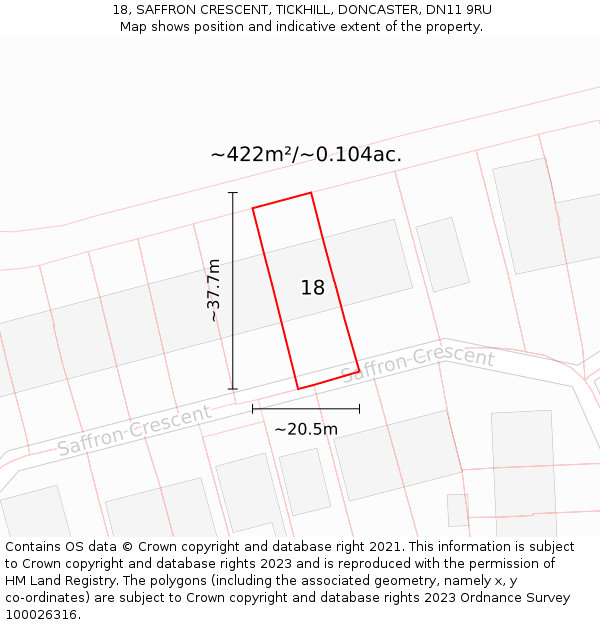 18, SAFFRON CRESCENT, TICKHILL, DONCASTER, DN11 9RU: Plot and title map