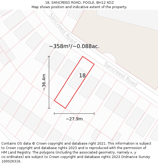 18, SANCREED ROAD, POOLE, BH12 4DZ: Plot and title map