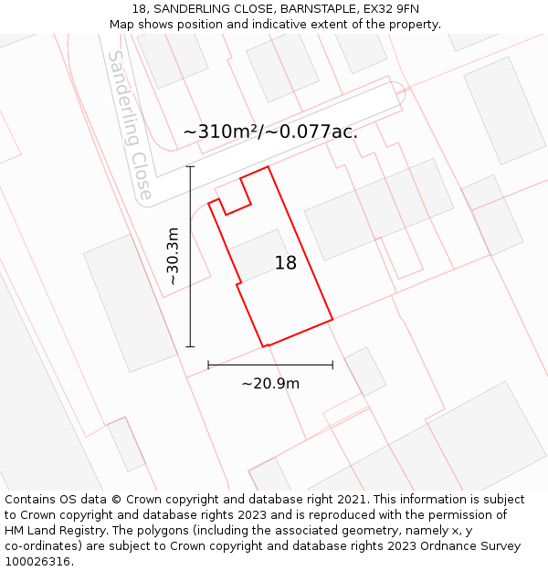 18, SANDERLING CLOSE, BARNSTAPLE, EX32 9FN: Plot and title map
