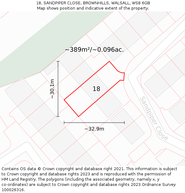 18, SANDPIPER CLOSE, BROWNHILLS, WALSALL, WS8 6GB: Plot and title map