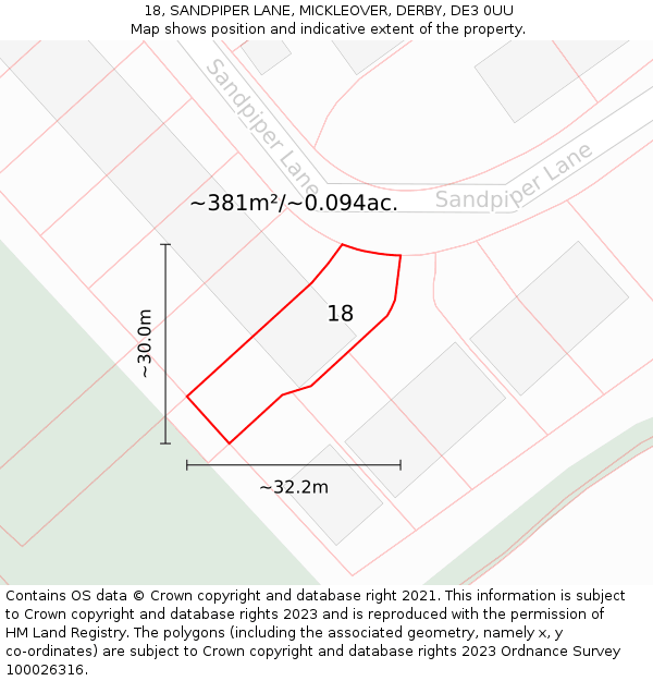 18, SANDPIPER LANE, MICKLEOVER, DERBY, DE3 0UU: Plot and title map