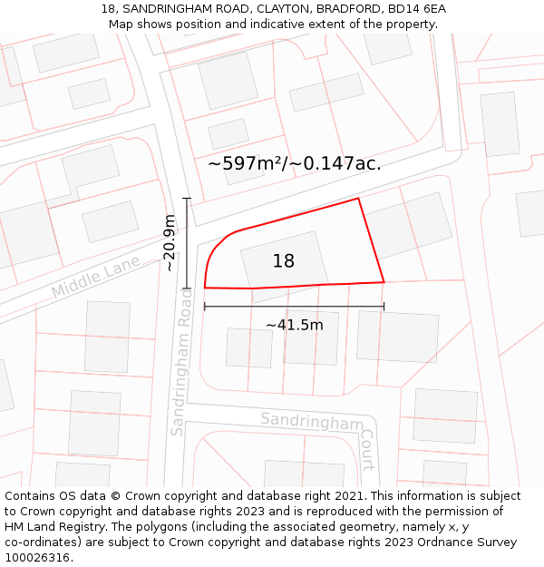 18, SANDRINGHAM ROAD, CLAYTON, BRADFORD, BD14 6EA: Plot and title map