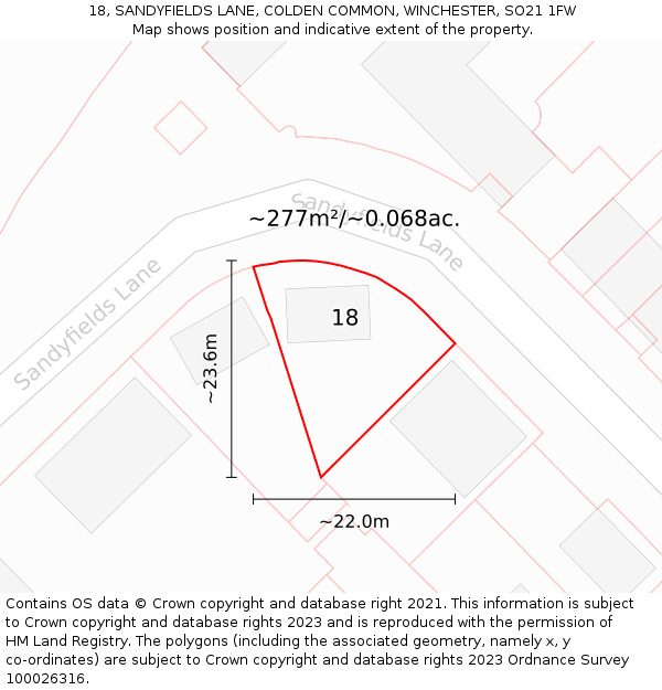 18, SANDYFIELDS LANE, COLDEN COMMON, WINCHESTER, SO21 1FW: Plot and title map