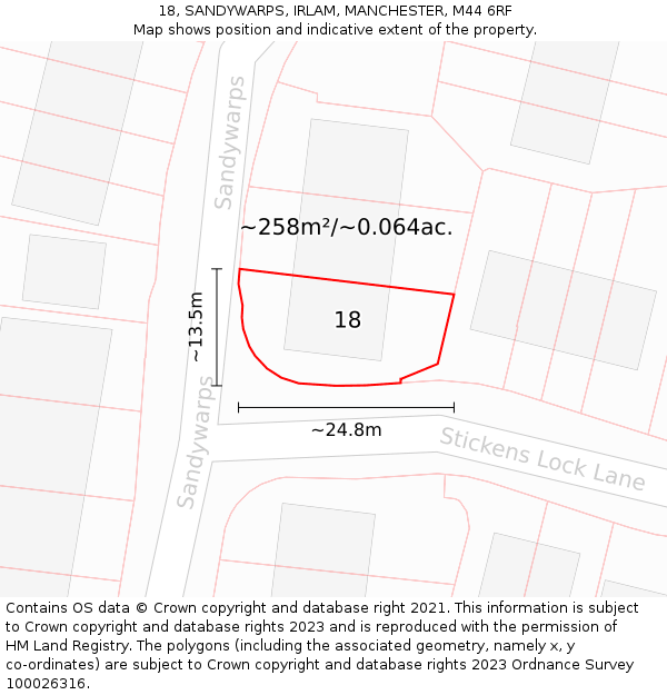18, SANDYWARPS, IRLAM, MANCHESTER, M44 6RF: Plot and title map