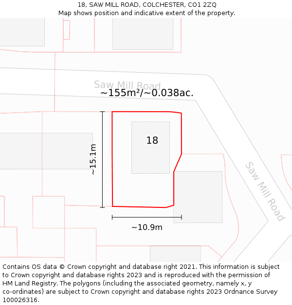 18, SAW MILL ROAD, COLCHESTER, CO1 2ZQ: Plot and title map