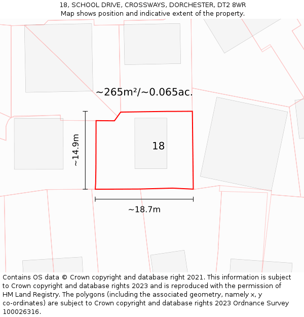 18, SCHOOL DRIVE, CROSSWAYS, DORCHESTER, DT2 8WR: Plot and title map