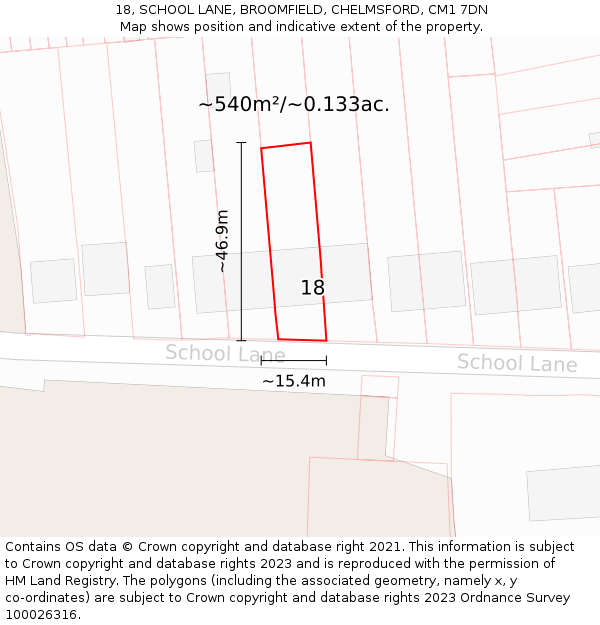 18, SCHOOL LANE, BROOMFIELD, CHELMSFORD, CM1 7DN: Plot and title map