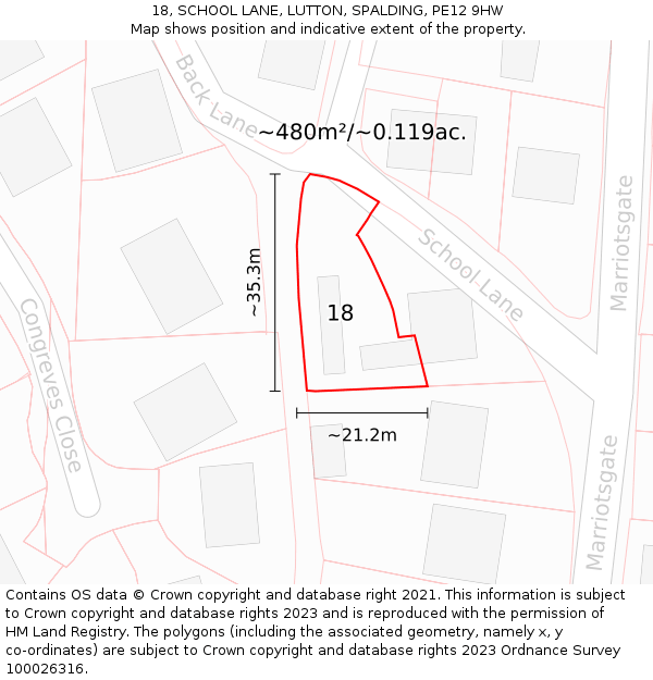 18, SCHOOL LANE, LUTTON, SPALDING, PE12 9HW: Plot and title map
