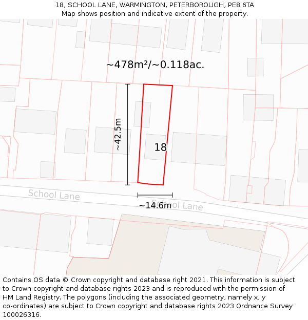18, SCHOOL LANE, WARMINGTON, PETERBOROUGH, PE8 6TA: Plot and title map