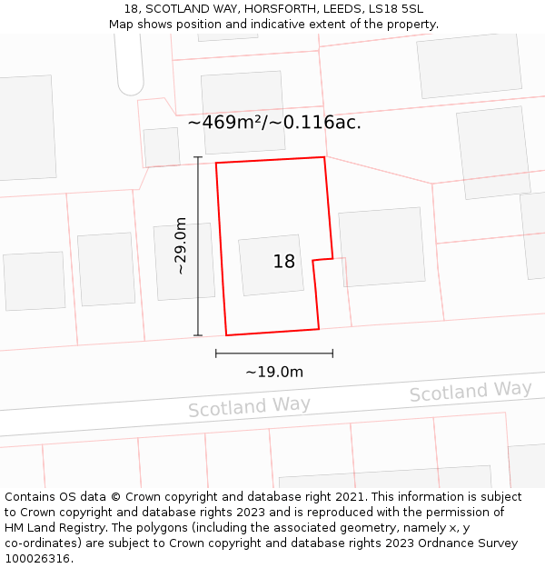 18, SCOTLAND WAY, HORSFORTH, LEEDS, LS18 5SL: Plot and title map