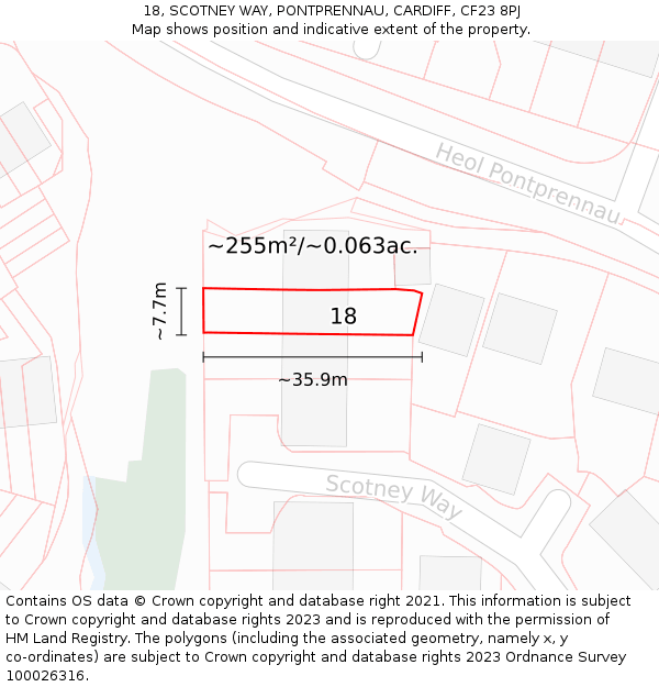 18, SCOTNEY WAY, PONTPRENNAU, CARDIFF, CF23 8PJ: Plot and title map