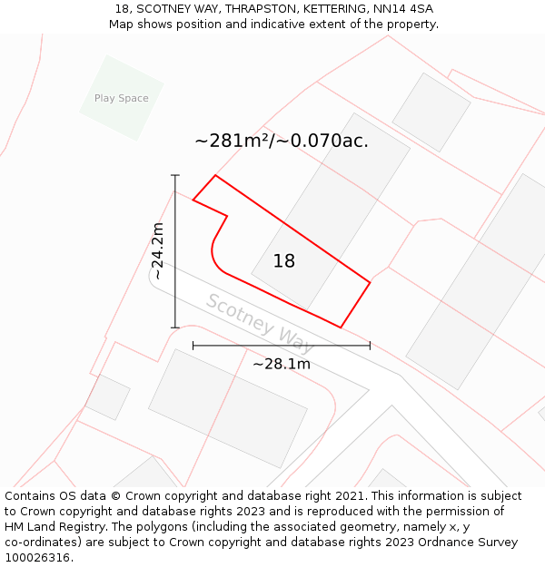 18, SCOTNEY WAY, THRAPSTON, KETTERING, NN14 4SA: Plot and title map