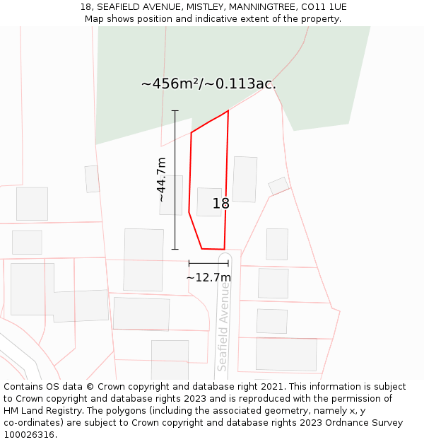 18, SEAFIELD AVENUE, MISTLEY, MANNINGTREE, CO11 1UE: Plot and title map