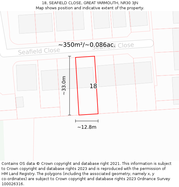 18, SEAFIELD CLOSE, GREAT YARMOUTH, NR30 3JN: Plot and title map