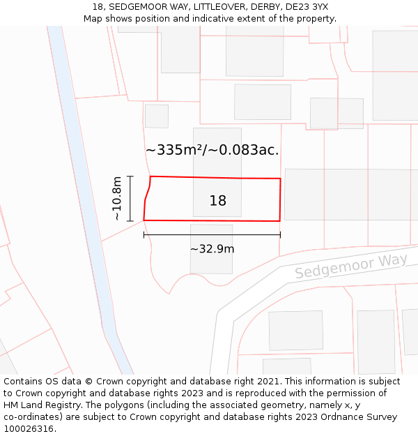 18, SEDGEMOOR WAY, LITTLEOVER, DERBY, DE23 3YX: Plot and title map