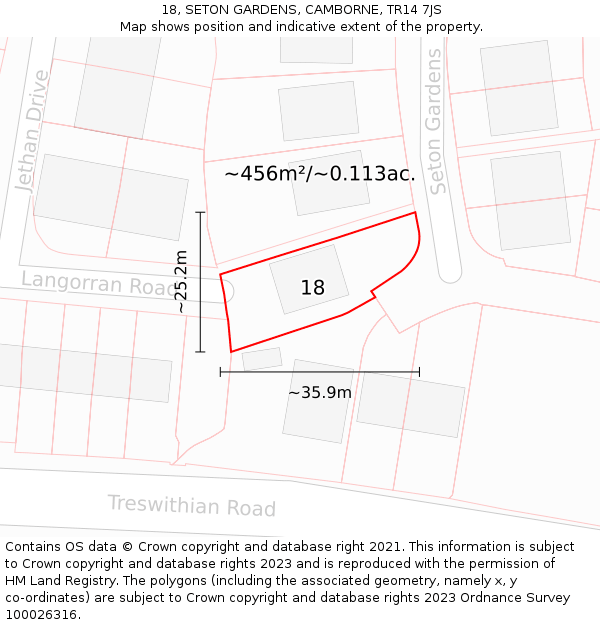 18, SETON GARDENS, CAMBORNE, TR14 7JS: Plot and title map