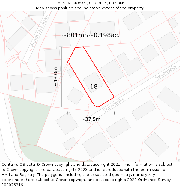 18, SEVENOAKS, CHORLEY, PR7 3NS: Plot and title map