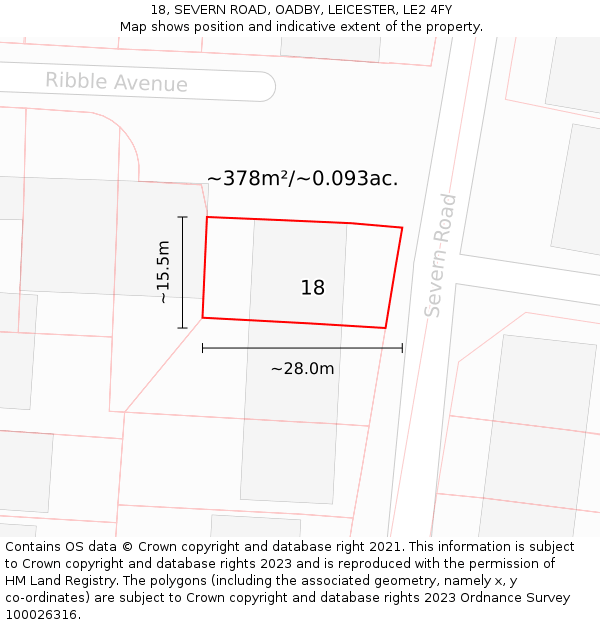 18, SEVERN ROAD, OADBY, LEICESTER, LE2 4FY: Plot and title map