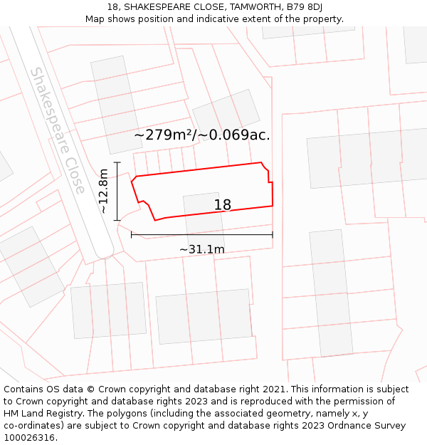 18, SHAKESPEARE CLOSE, TAMWORTH, B79 8DJ: Plot and title map