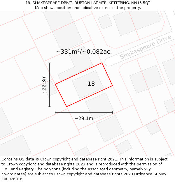 18, SHAKESPEARE DRIVE, BURTON LATIMER, KETTERING, NN15 5QT: Plot and title map