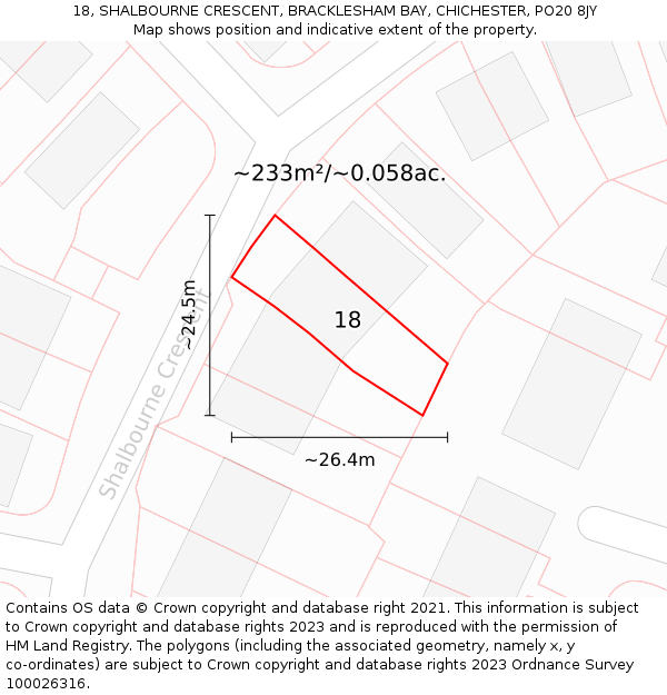 18, SHALBOURNE CRESCENT, BRACKLESHAM BAY, CHICHESTER, PO20 8JY: Plot and title map
