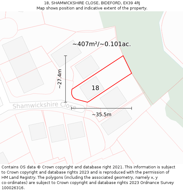 18, SHAMWICKSHIRE CLOSE, BIDEFORD, EX39 4RJ: Plot and title map