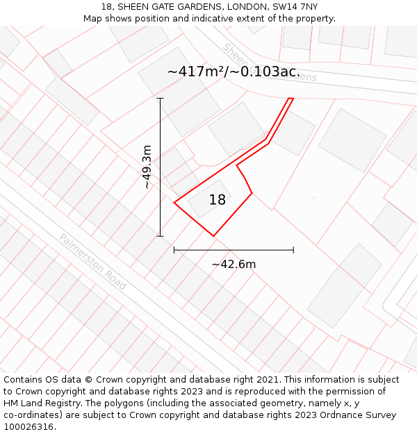 18, SHEEN GATE GARDENS, LONDON, SW14 7NY: Plot and title map