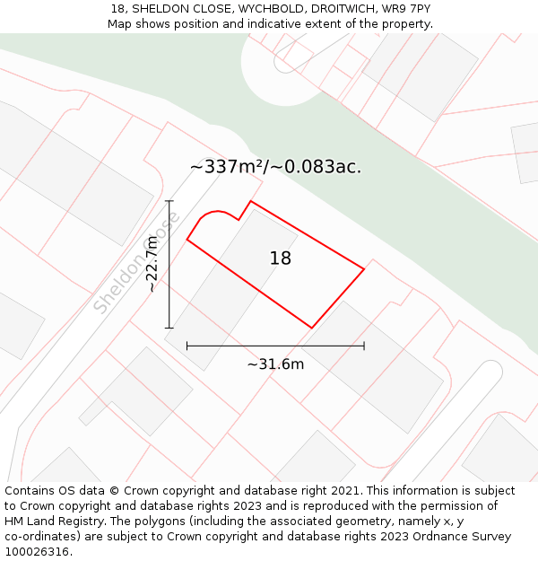 18, SHELDON CLOSE, WYCHBOLD, DROITWICH, WR9 7PY: Plot and title map