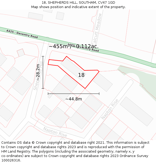18, SHEPHERDS HILL, SOUTHAM, CV47 1GD: Plot and title map