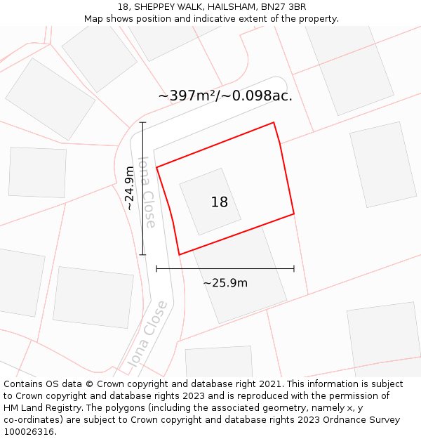 18, SHEPPEY WALK, HAILSHAM, BN27 3BR: Plot and title map