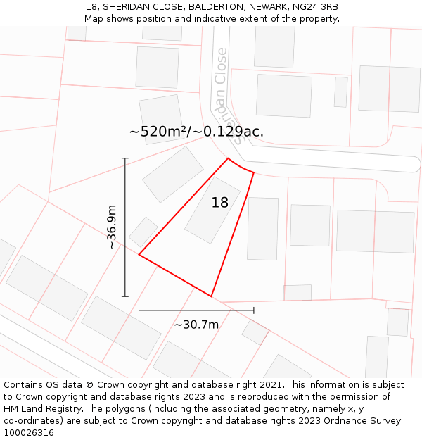 18, SHERIDAN CLOSE, BALDERTON, NEWARK, NG24 3RB: Plot and title map