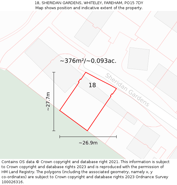 18, SHERIDAN GARDENS, WHITELEY, FAREHAM, PO15 7DY: Plot and title map