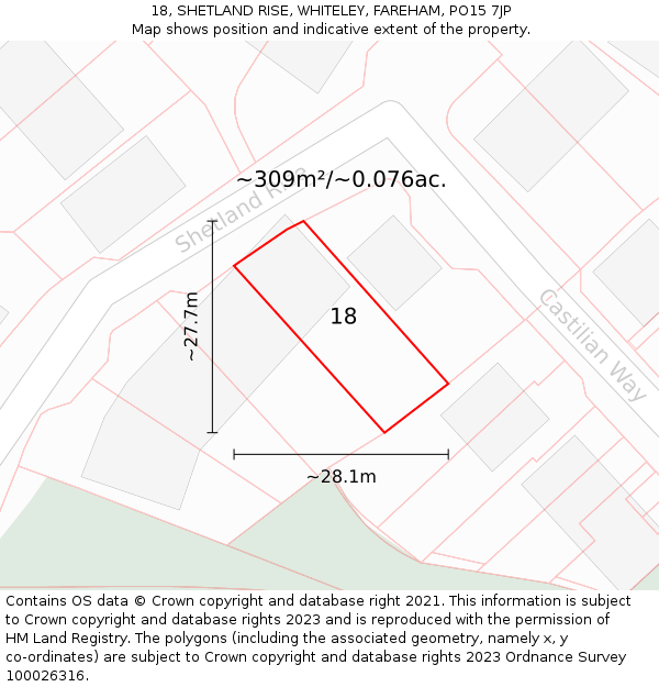 18, SHETLAND RISE, WHITELEY, FAREHAM, PO15 7JP: Plot and title map