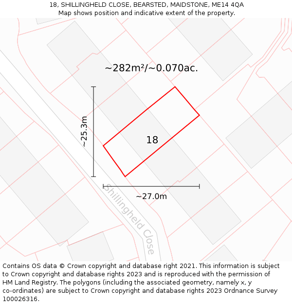 18, SHILLINGHELD CLOSE, BEARSTED, MAIDSTONE, ME14 4QA: Plot and title map