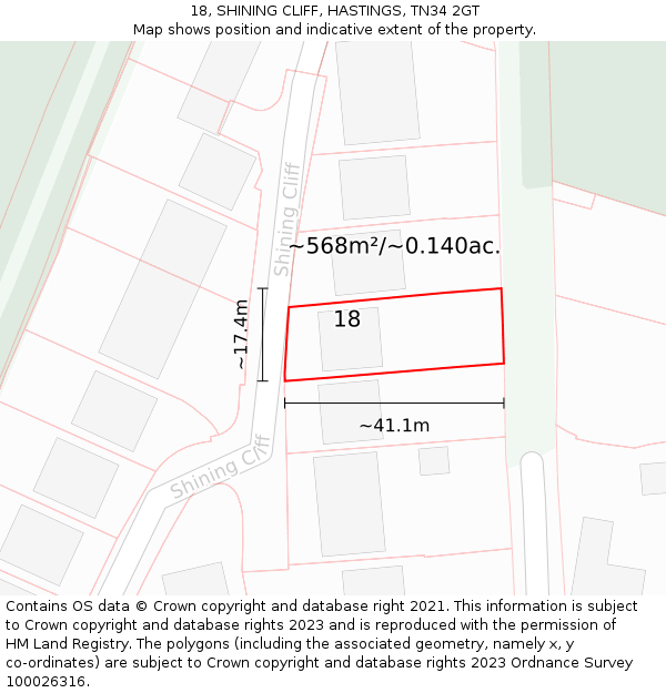 18, SHINING CLIFF, HASTINGS, TN34 2GT: Plot and title map