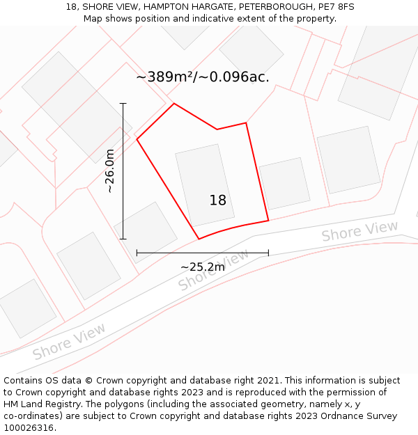 18, SHORE VIEW, HAMPTON HARGATE, PETERBOROUGH, PE7 8FS: Plot and title map
