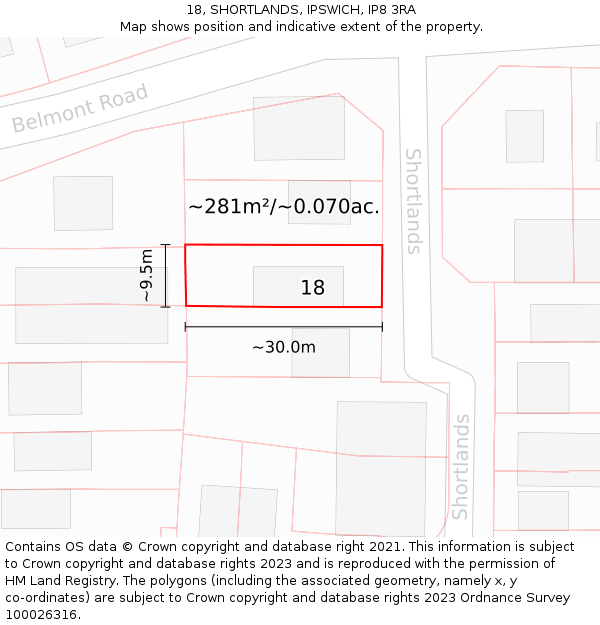18, SHORTLANDS, IPSWICH, IP8 3RA: Plot and title map