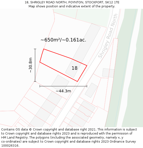 18, SHRIGLEY ROAD NORTH, POYNTON, STOCKPORT, SK12 1TE: Plot and title map