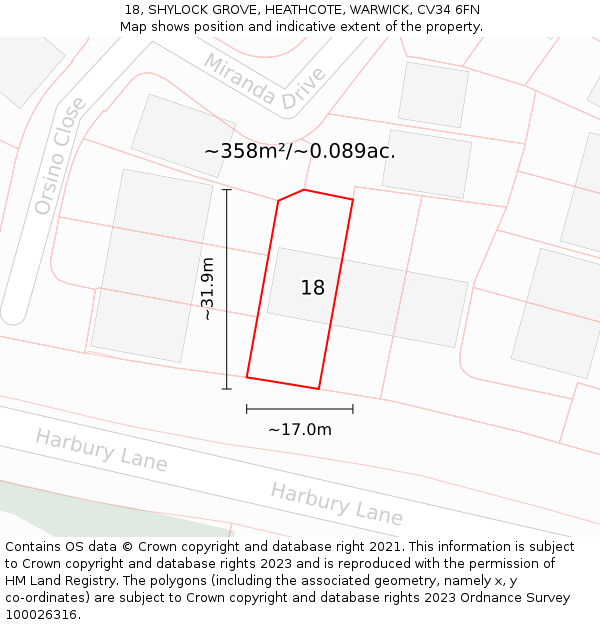 18, SHYLOCK GROVE, HEATHCOTE, WARWICK, CV34 6FN: Plot and title map